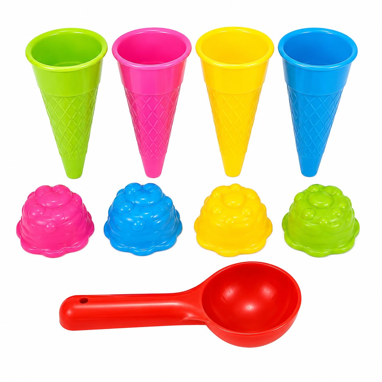 Trevixor 9 Pcs Sandpit Beach Set with Plastic Ice Cream Cones, Ice Cream Cone Scoop and Moulds, Sand Pit Accessories for Beach Use