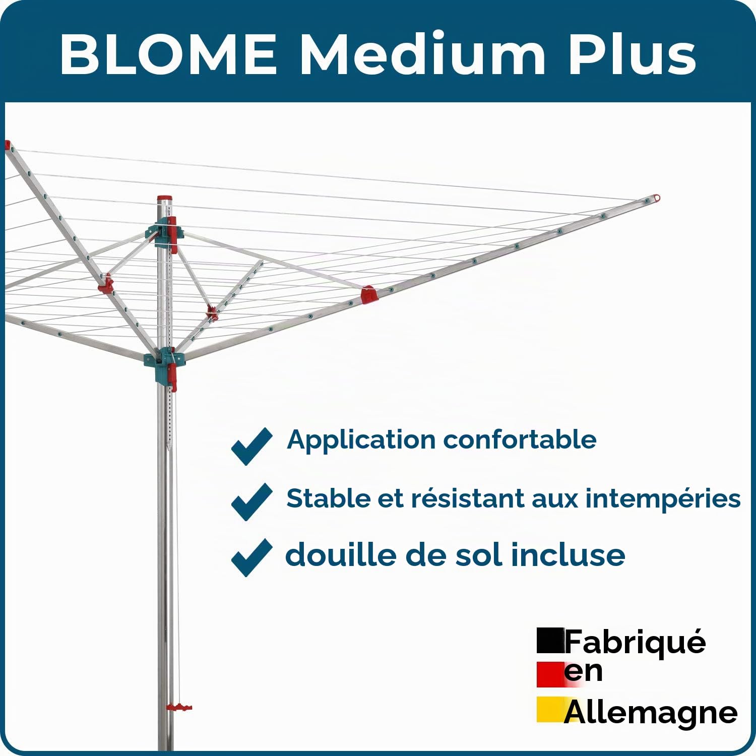 Blome Medium Plus Séchoir à linge, rotatif, 60 m, avec douille de sol, pour l'extérieur, fabriqué en Allemagne