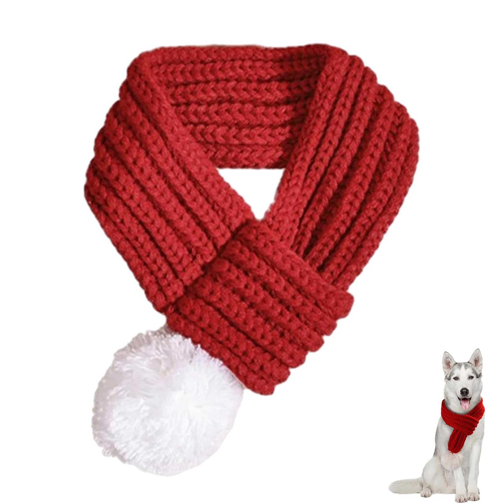 Christmas Dog Collar, Knitted Scarf for Dog and Cat Festive Christmas Red Soft & Warm Pet Accessory with White Plush Ball