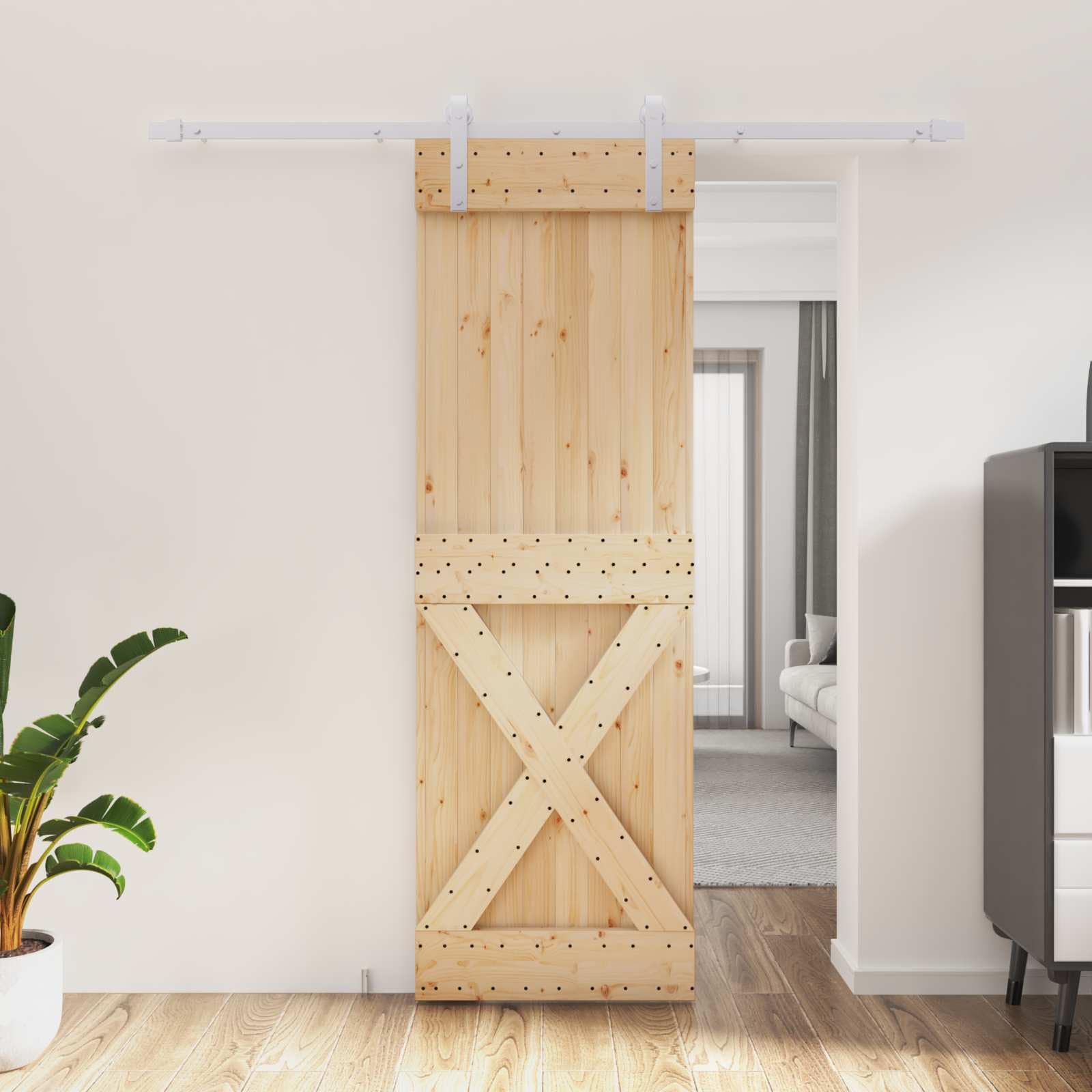 Puerta corredera de madera de pino y blanco 70 x 210 cm con riel
