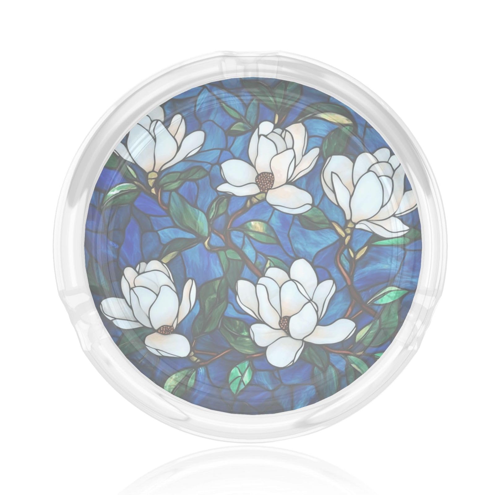 Stained Glass White Flower Green Leaves On Blue Glass Ashtray For Cigarettes Ash Trays Case For Home Office Decor