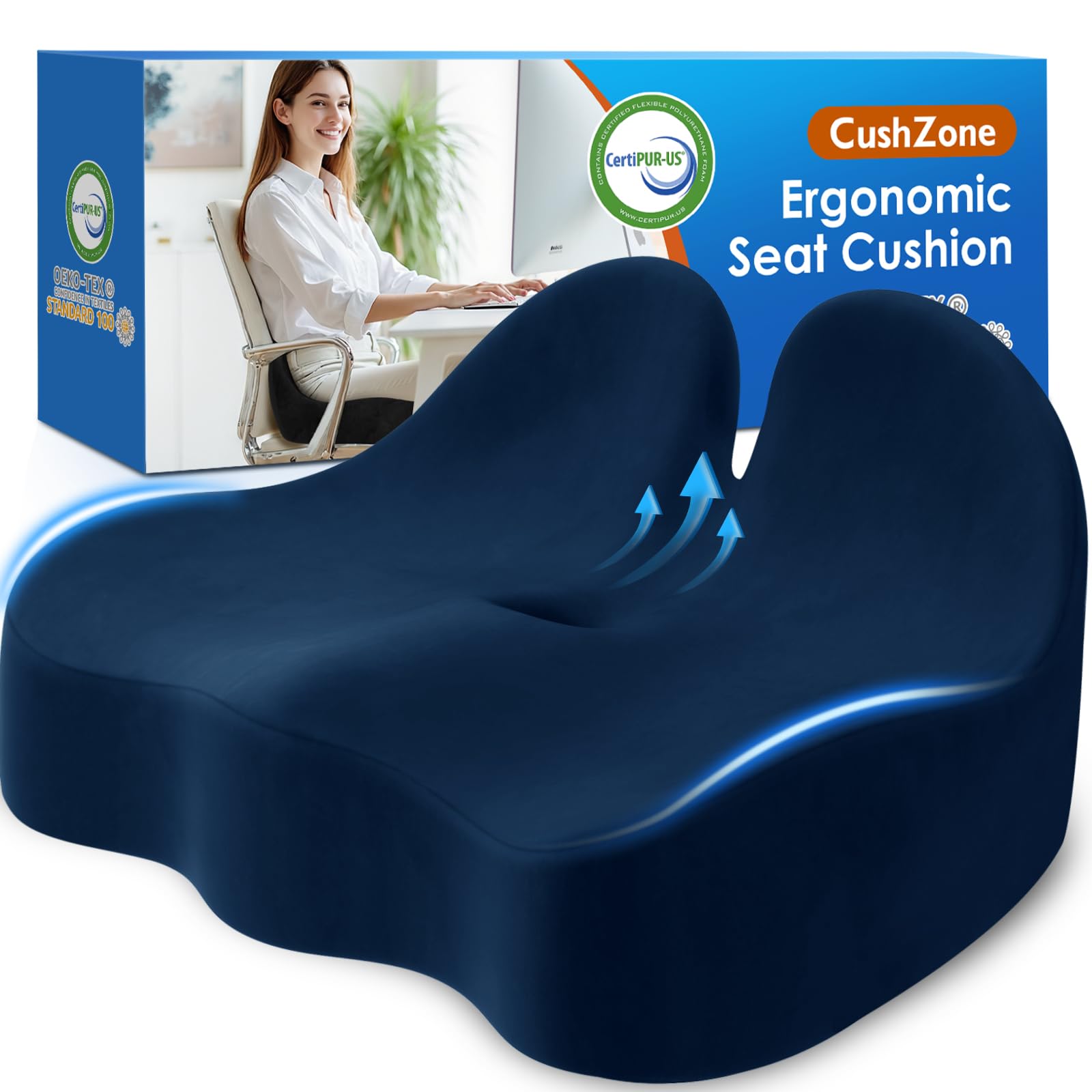 CushZone Extra Large Seat Cushion, Sciatica Support for Office Chair, Blue