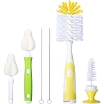 CAREBABYMORE Baby Bottle Brush with One Base Hidden Nylon Nipple Cleaner, 2 Pcs Sponge Nipple Brushes, 2 Pcs Straw Brushes, Bottle Brush with Nipple Cleaner and Suction Cup (Yellow)