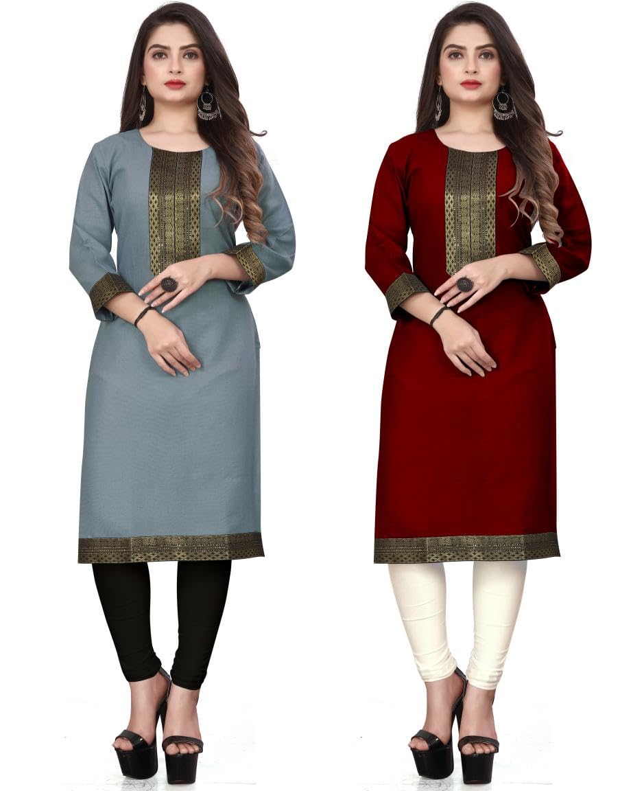 Plain and Solid Cotton Straight Woven Work Lace Border Kurtis Kurta for Girls Women Combo Pack of 2-picture-40