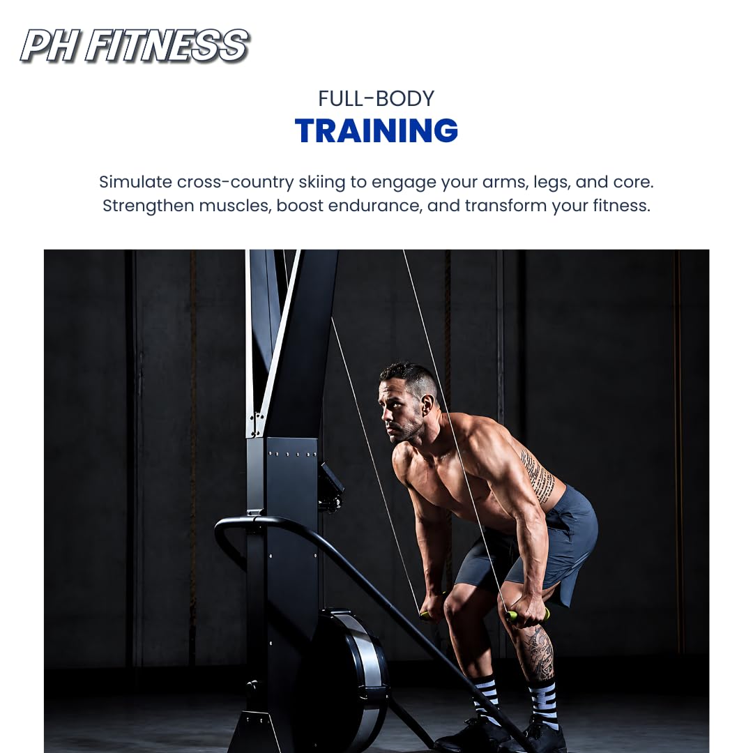 PH Fitness Ski Machine: Advanced Air Resistance Full Body Trainer | Crossfit Compact & HIIT SkiErg pour la Maison | Intensité réglable, Plaque de Base Durable & Design Ergonomique | Max 130kg