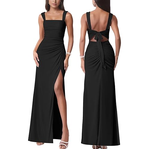 Women Sexy Mesh Tie Low Back Sleeveless Split Ruched Maxi Dress Party Cocktail Long Dress Wedding Guest Dresses