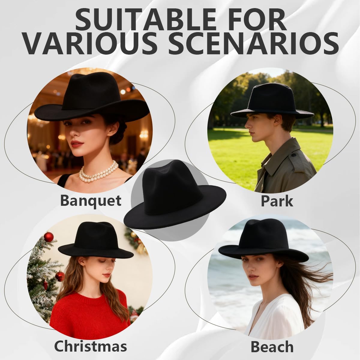 Unisex Classic Black Wide Brim Fedora Hat Jazz Hat Blend Panama Trilby Hat Derby Cap for Four Seasons - Image 6