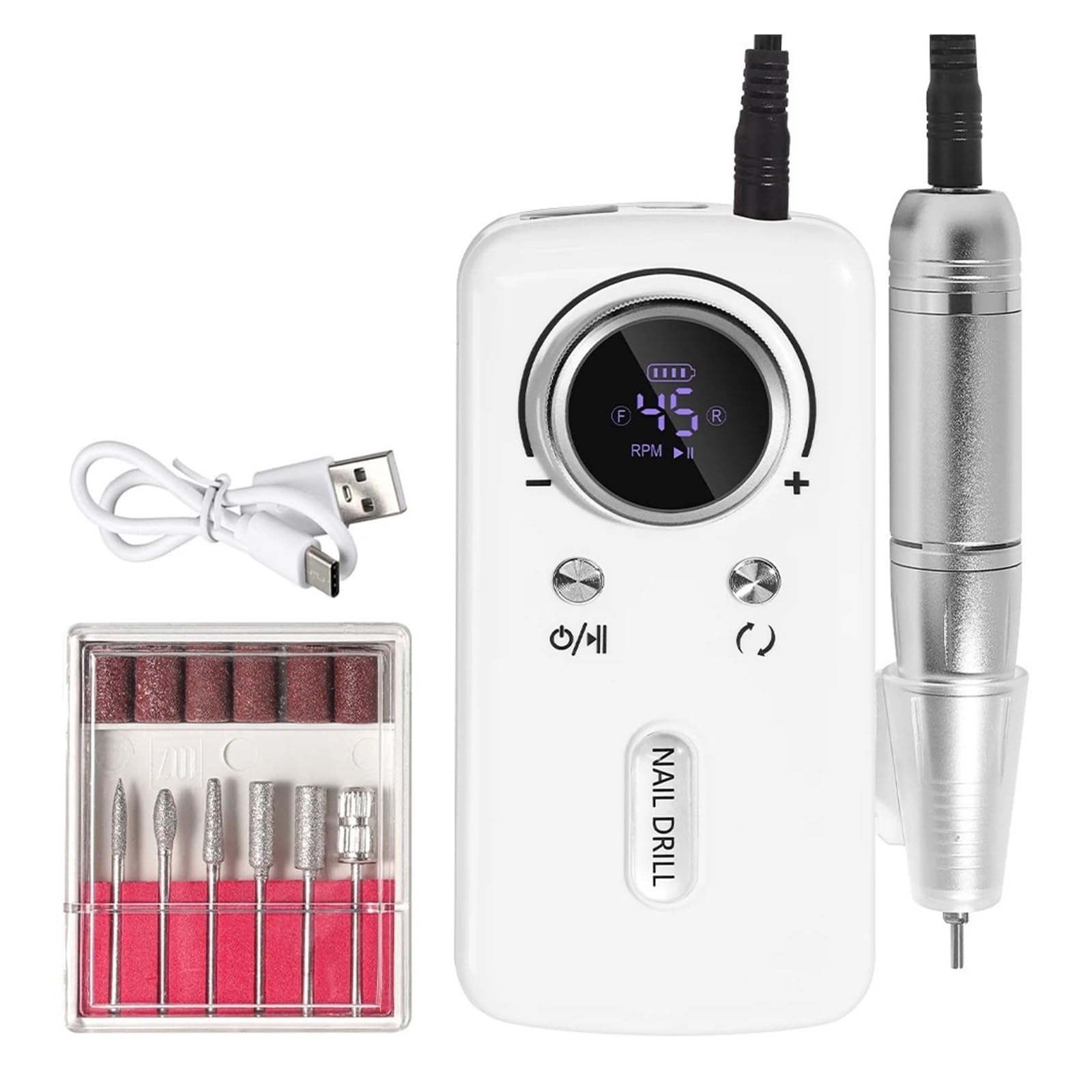 Frezarka do paznokci, Elektryczna, przenośna pilniczka do paznokci, akumulatorowa szlifierka o prędkości 45000 obr./min. domowego manicure do użytku domowego(Wit)