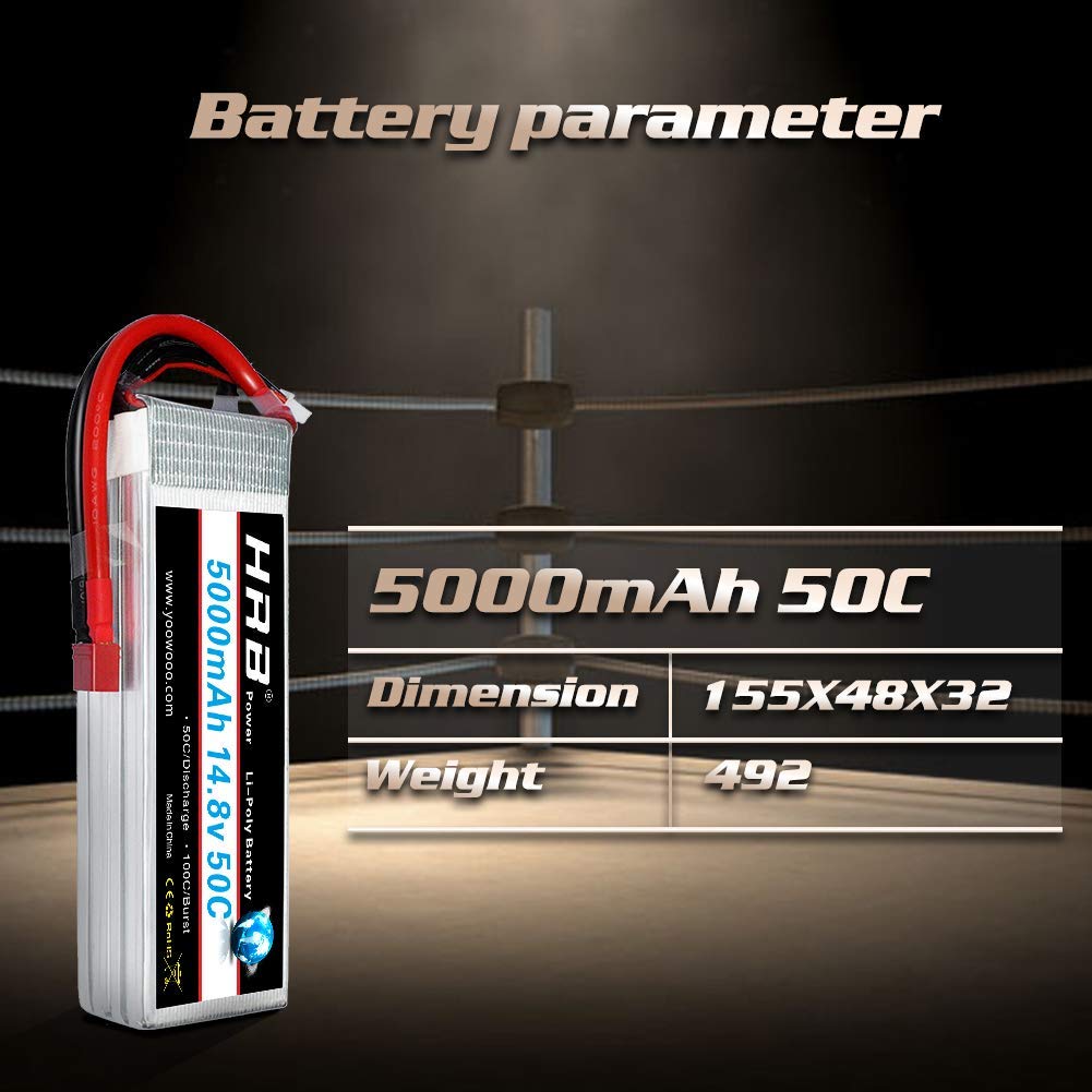 HRB RC Batterie Lipo 4S 50C 14,8V 5000mAh Prise Deans T pour Modélisme Drone Avion Hélicoptère Voiture Camion Truggy