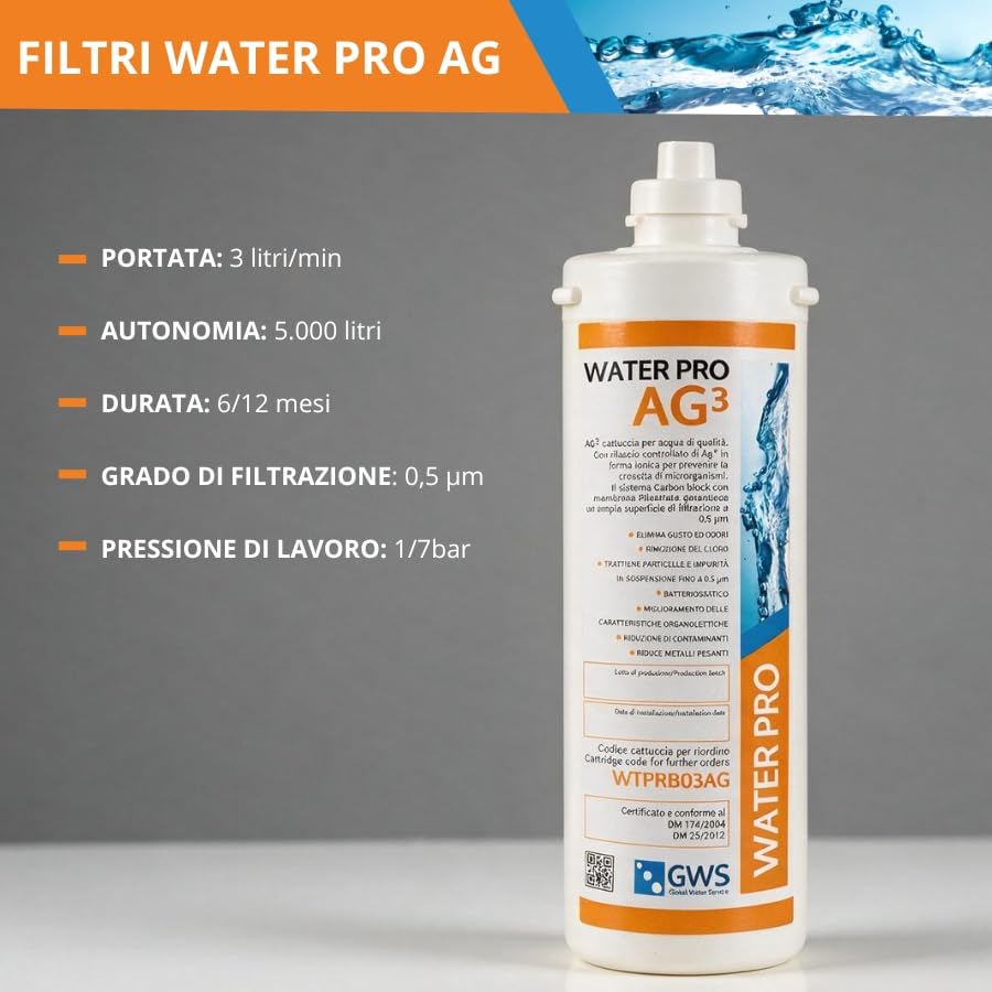 Filtro Water Pro – Filtrazione Professionale - Capacità di 5.000 litri - Tecnologia Combinata Con Carbon Block Argentizzato e Membrana Plissettata Multistrato da 0,5 micron
