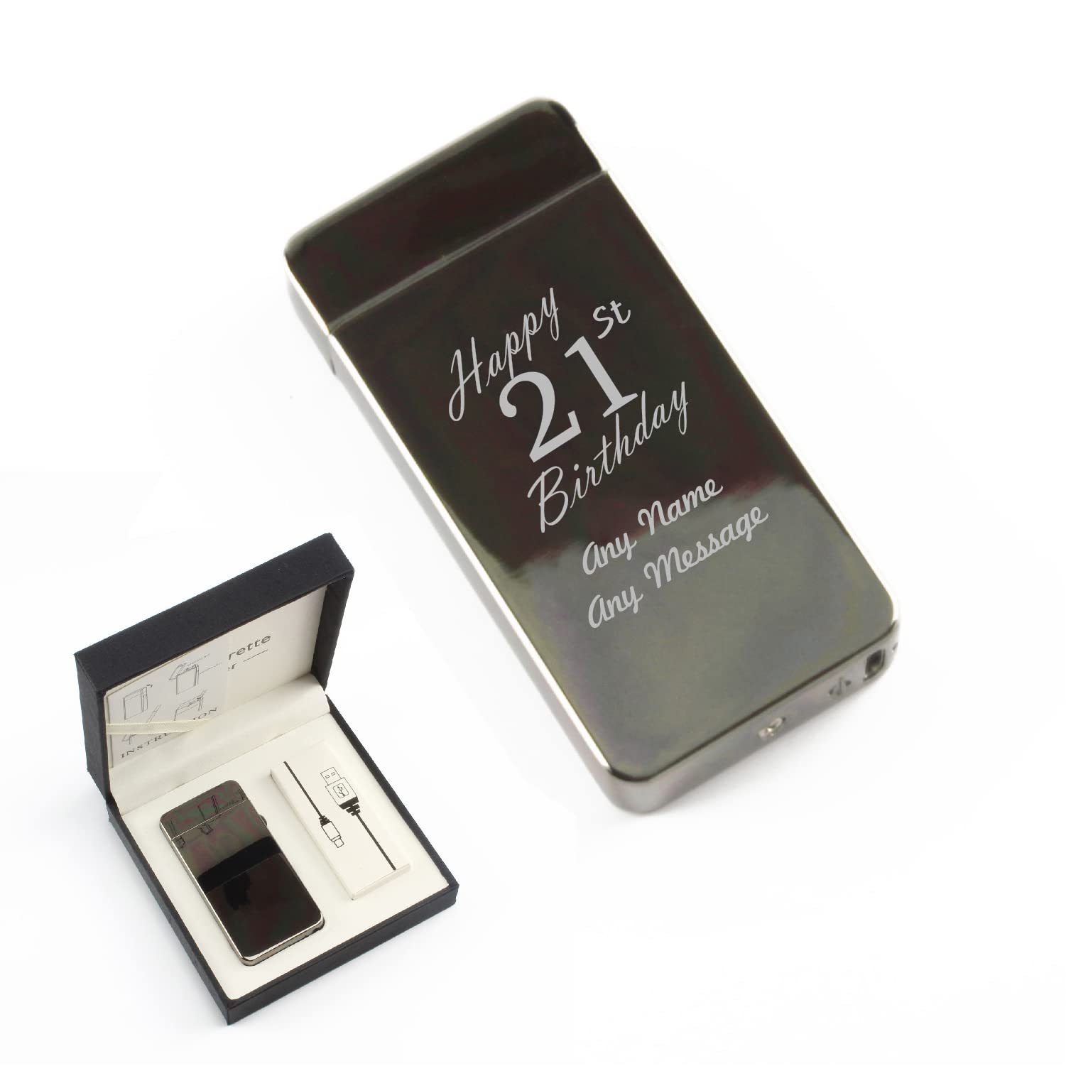 Personalised Engraved Reflective Black Electric Lighter, Arc Lighter, Comes with Presentation Box, USB Rechargeable, Happy 21st Birthday Design, Gift for Him, Engraved in The UK