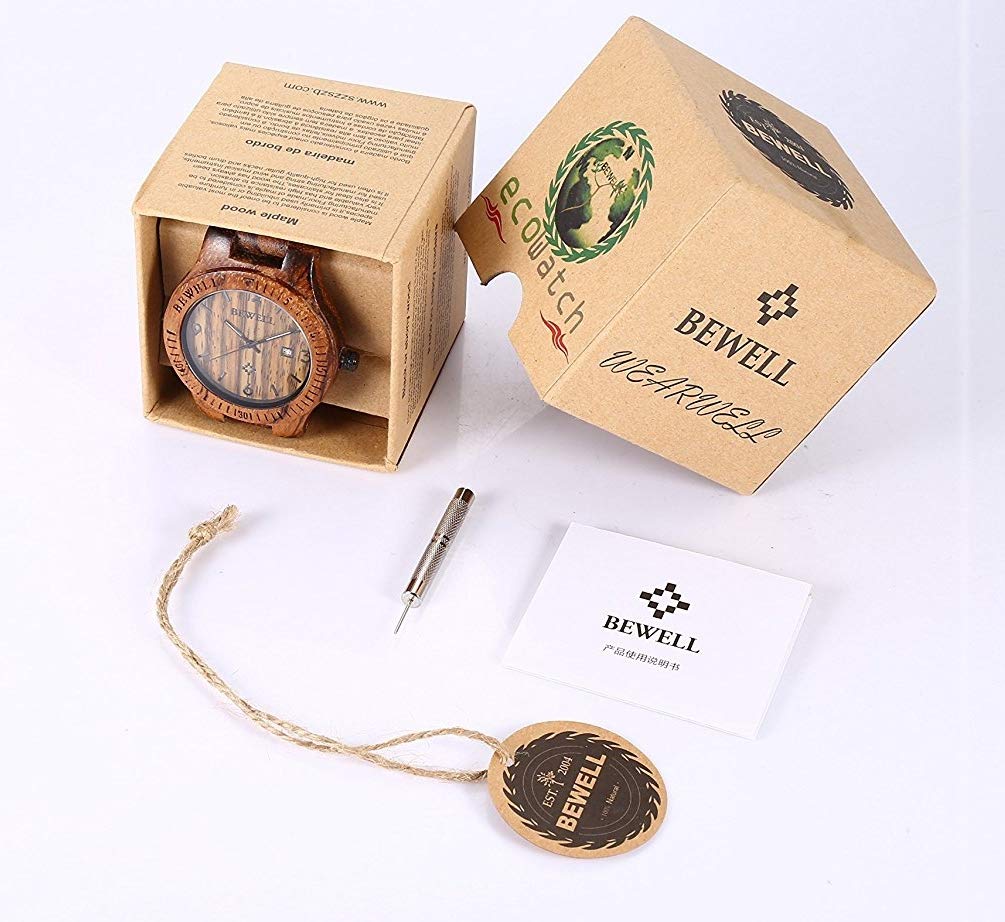 Bewell W086B - Orologio analogico al quarzo, leggero, realizzato a mano, in legno