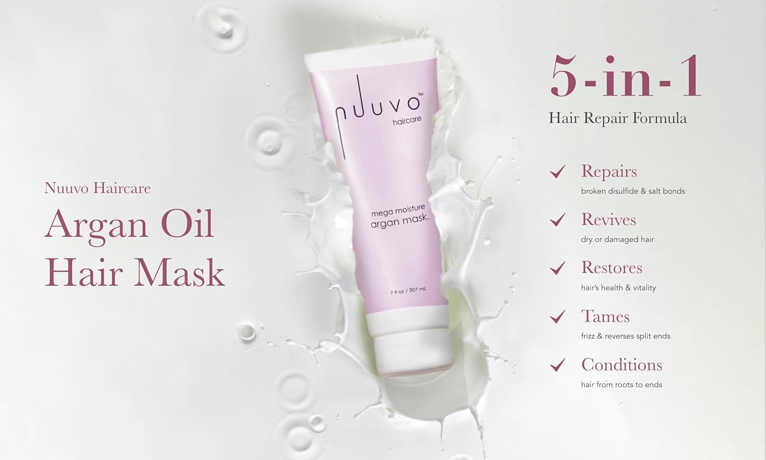Nuuvo Haircare Argan Oil Hair Mask - 7oz, Deep Conditioning Hair Mask Treatment for Dry or Damaged Hair, Salon-Quality, Restores Moisture to Transform Hair, No Animal Testing, Use On All Hair Types