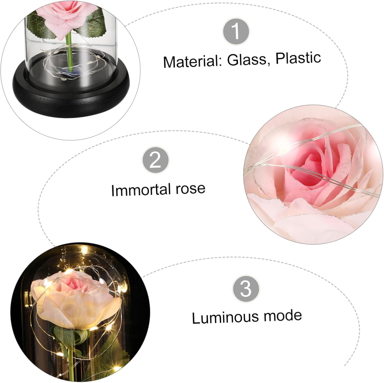 1pc Artificial Rose Lamp Glass Dome Romantic Led Night Light for Valentine Day Mother Day and Anniversary Eternal Flower Decoration Without Battery