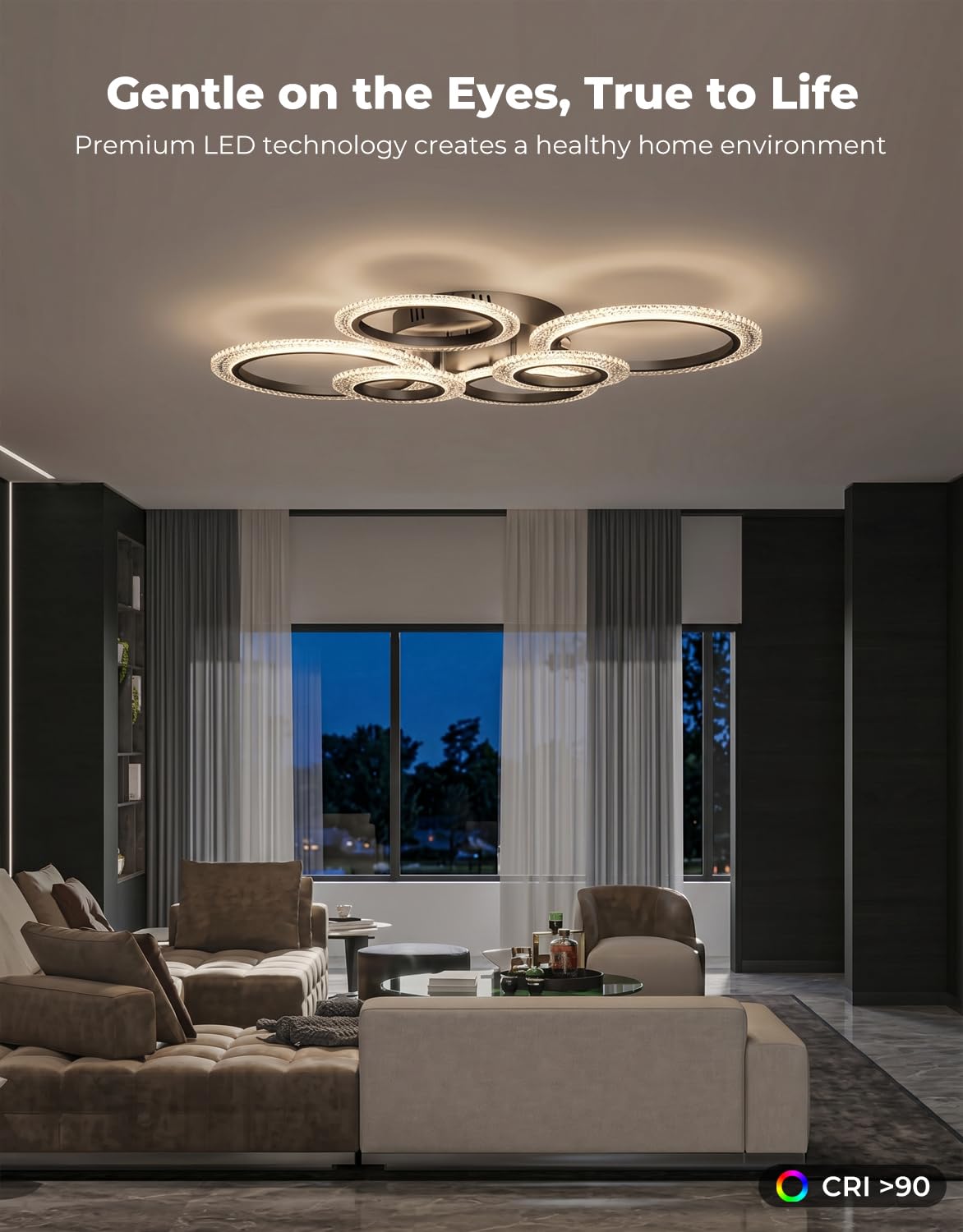 Lampadario Soggiorno Smart a 6 Anelli, Plafoniera Soffitto LED Compatibile con Alexa e Google Home, Luce a Soffitto Dimmerabile App/Tuya (40W, 4000LM), Funzione Memoria e Timer, Nero