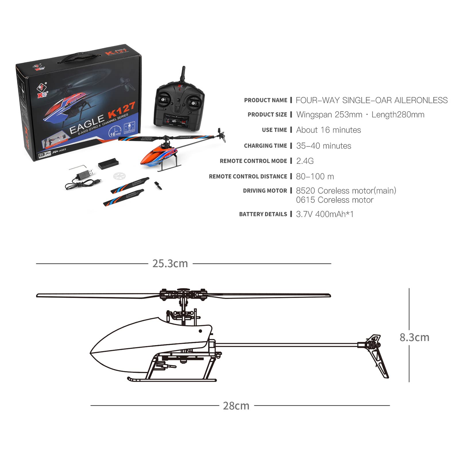 s-idee® K127 4 Kanal 2,4 Ghz Heli 6-Aixs Gyroskop RC Ferngesteuerter Hubschrauber Helikopter