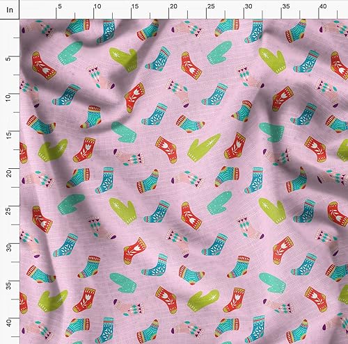 Image of Soimoi Pink Poly Georgette Fabric Socks & Gloves Folk Art Print Sewing Fabric Meter 52 Inch Wide