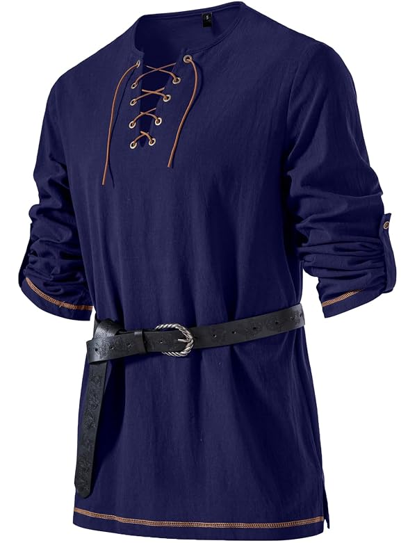 JEMITOP Men's Renaissance Costume Retro Lace Up Shirts for Pirate Viking Medieval Vampire Halloween Cosplay Without Belt Dark Blue XL by JEMITOP - Used condition - US$21.48