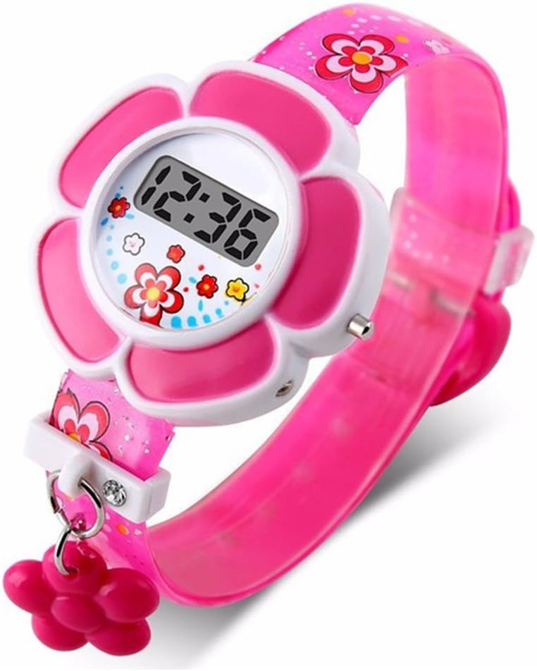 Lovely Flower Kids Watches, Waterproof Cute Children Watches, Cartoon Silicone Digital Wristwatch for Boys Girls(Rose Red)