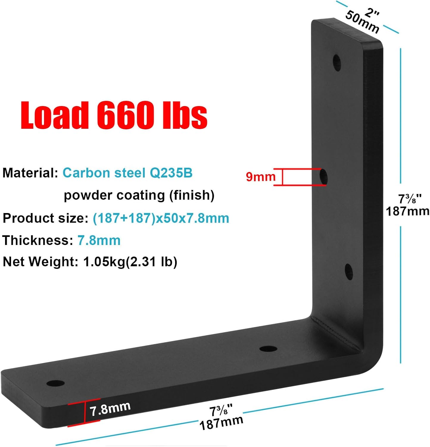 2 PCS 7-3/8" Heavy Duty Steel 90 Degree L Brackets, Corner Brace Shelf Mantel Support, 5/16" Thick, Max Load 660 lbs