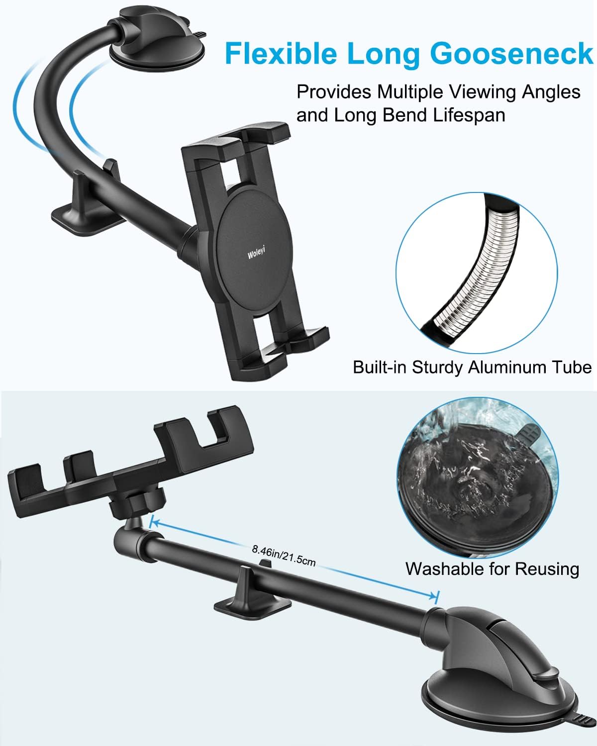 Supporto da auto per tablet da 4,7 a 12,9 pollici, supporto per tablet e tablet da 4,7-12,9 pollici, supporto a braccio lungo per cruscotto auto, stabilizzatore anti-scossa, per iPad