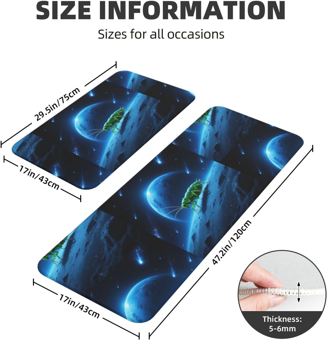 Green Alien Bug on Planet Kitchen Rugs Set of 2, Cushioned Anti-Fatigue Kitchen Mats for Floor, Waterproof Comfort Standing Mat Absorbent Velvet Kitchen Runner Rugs 17"x30"+17"x47"