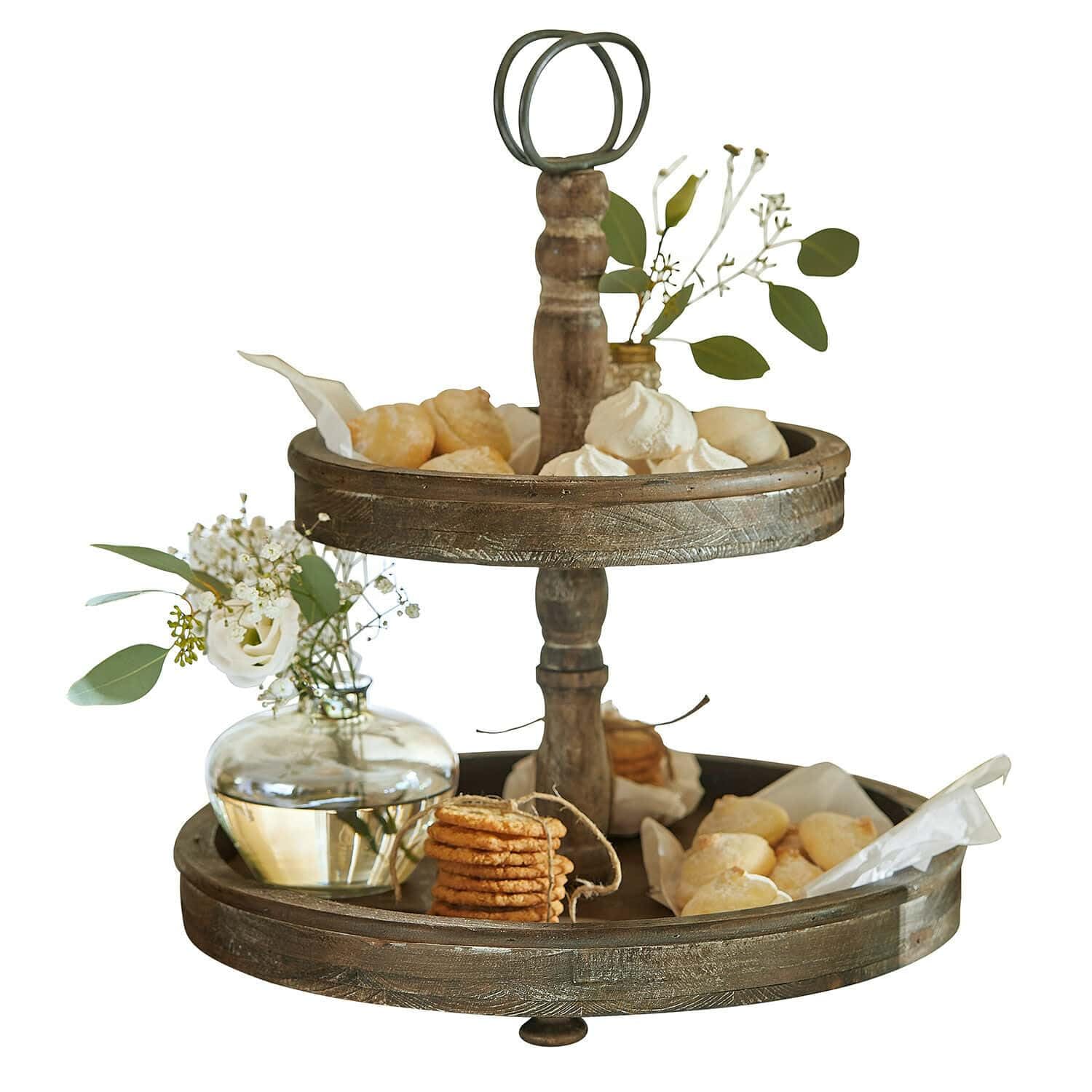 Loberon Etagere Amboise, braun | zweistöckig, gedrechselte Stange, formschöner Tragegriff, Servierhelfer, Dekoration, Tannenholz, Eisen