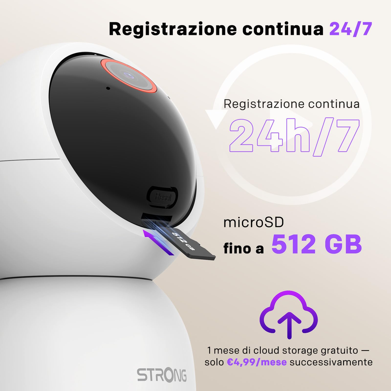 Strong Telecamera Interna 4K 8MP, Baby Cam 360° Pan/Tilt, Telecamera Cani Rilevamento Movimento, Auto Tracking, Visione Notturna, Audio Bidirezionale, Cloud & SD 512GB, WiFi 2.4G/5G, Controllo APP