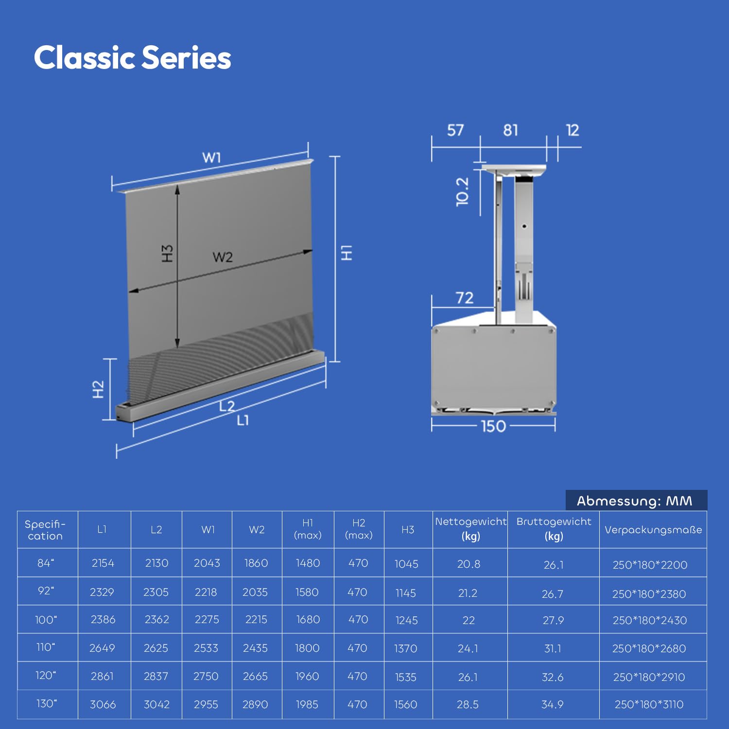 Beamer Leinwand, 100 Zoll Bodenstehend Ausziehbar Elektrisch, ALR CLR, 4K UHD Laser TV Bildschirm,Heimkino Tragbar, Screen für Ultrakurzdistanzprojektor, Keine Montage, Classic