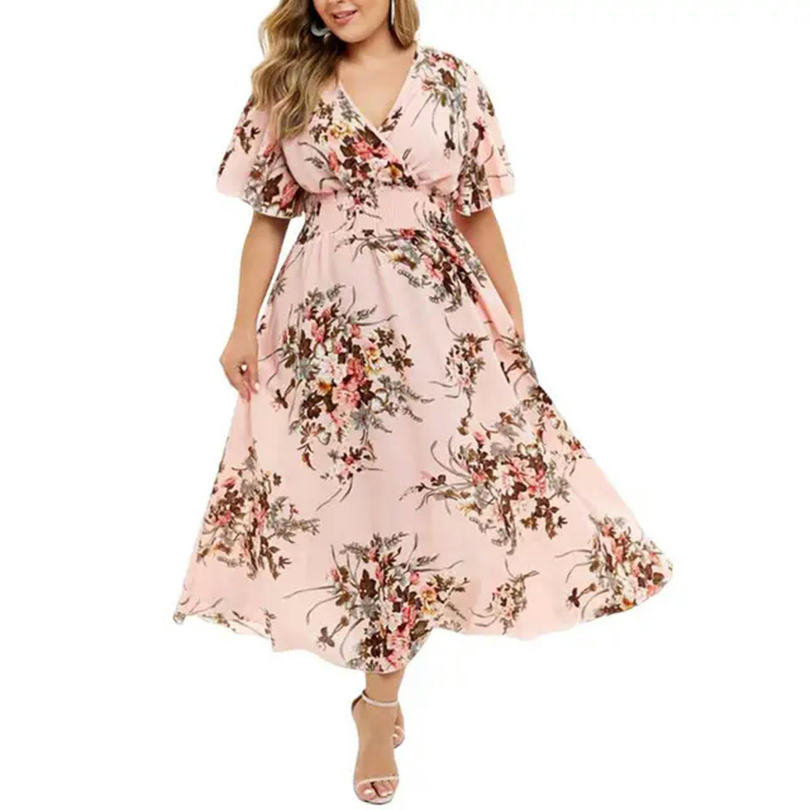 TEidea Vestiti Donna Donne Estive più di Dimensioni Floreali in Chiffon V Collo Corto A Maniche Corte-n-l