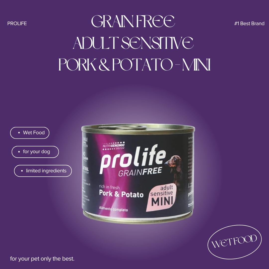 PROLIFE Cane Grain Free Adult Sensitive Pork & Potato - Mini | alimento umido completo per cani adulti sensibili di taglia piccola, prodotto senza cereali, 12 lattine da 200 grammi.
