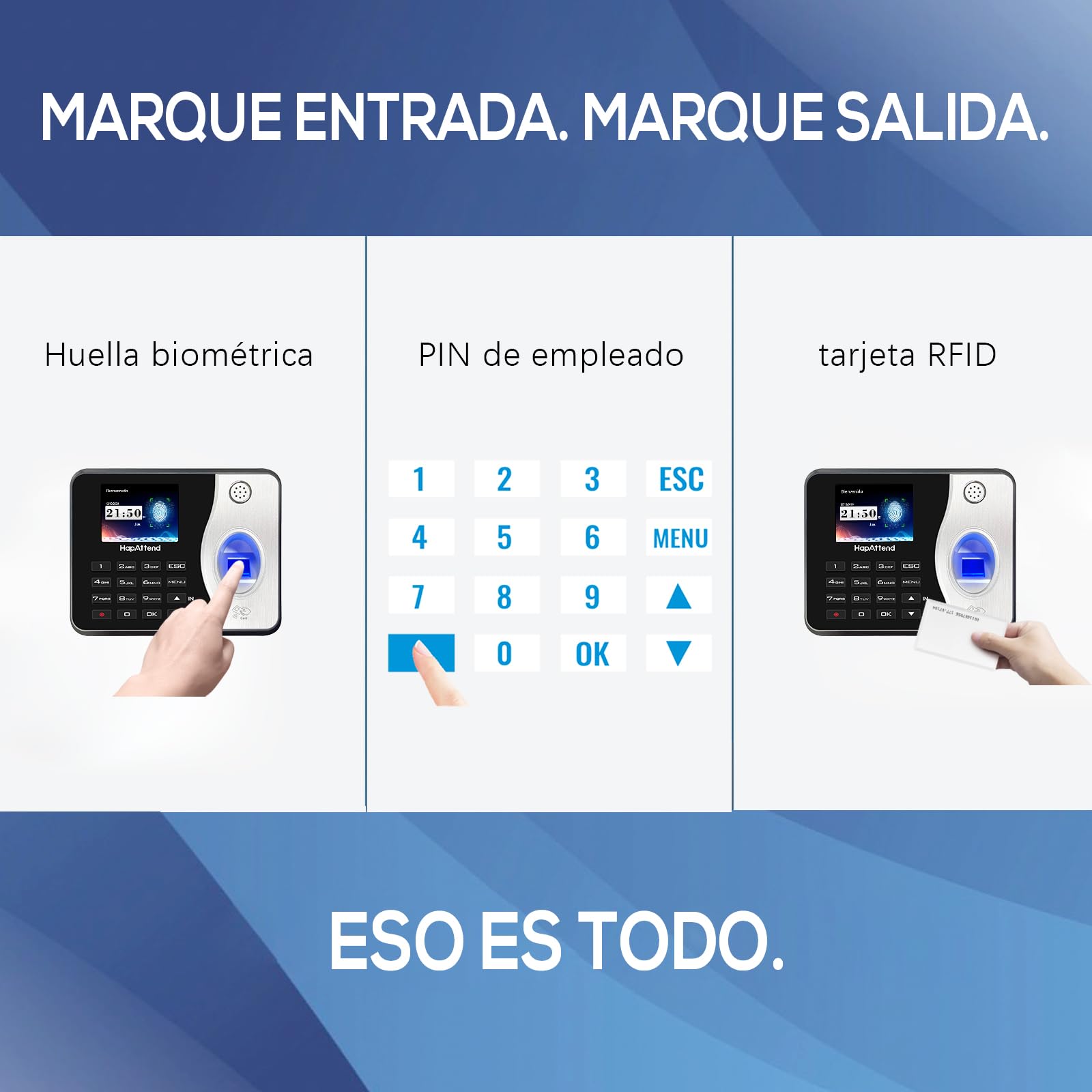 Control horario empleados, Español Reloj de fichar con Huella Dactilar, RFID Tarjetas, Maquina de fichar empleados de hasta 1000 usuarios sin conexión Internet Negro Escáner - H3