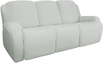 8-Pieces Recliner Sofa Cover Stretch Reclining Sofa Slipcovers with Side Pocket, Jacquard Anti-Slip 3 Seat Couch Cover with Elastic Bottom for Living Room Color Ivory