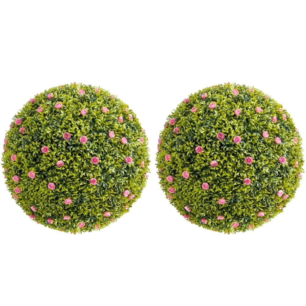 Buchsbaumkugel 2er-Set, Groß Ø52 cm Künstlich Buchsbaum Kugel mit rosa Blumen, UV-beständig Formschnitt Kunstpflanze Dekopflanze, Hängend Buchskugel Künstliche Pflanzen für Garten Hochzeit Deko