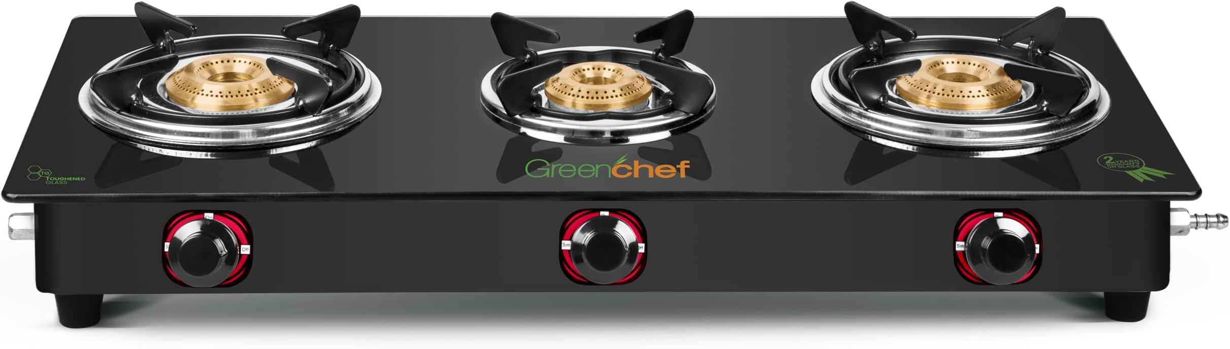 Greenchef Elon Glass cook top Three Burner Gas stove,Black Body (Manual Ignition), toughened glass top, Compact Design, pan support โ ISI certified (3)