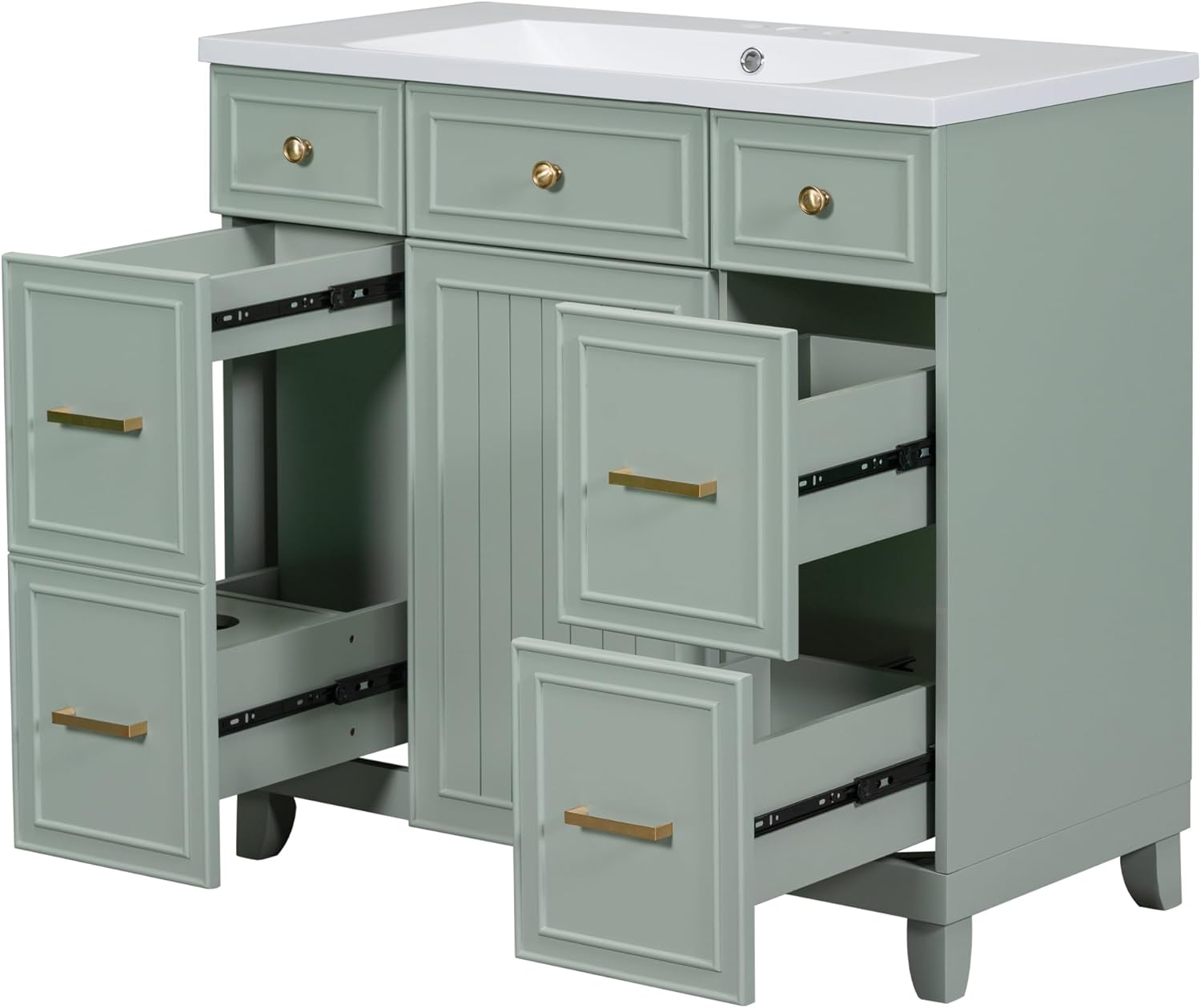 LUMISOL 36" Bathroom Vanity with Ceramic Sink, Modern Bathroom Vanity with 3 Drawers & Soft Close Doors, Solid Wood Bathroom Sink Cabinet with Undermount Basin, Gold Handles (Green)