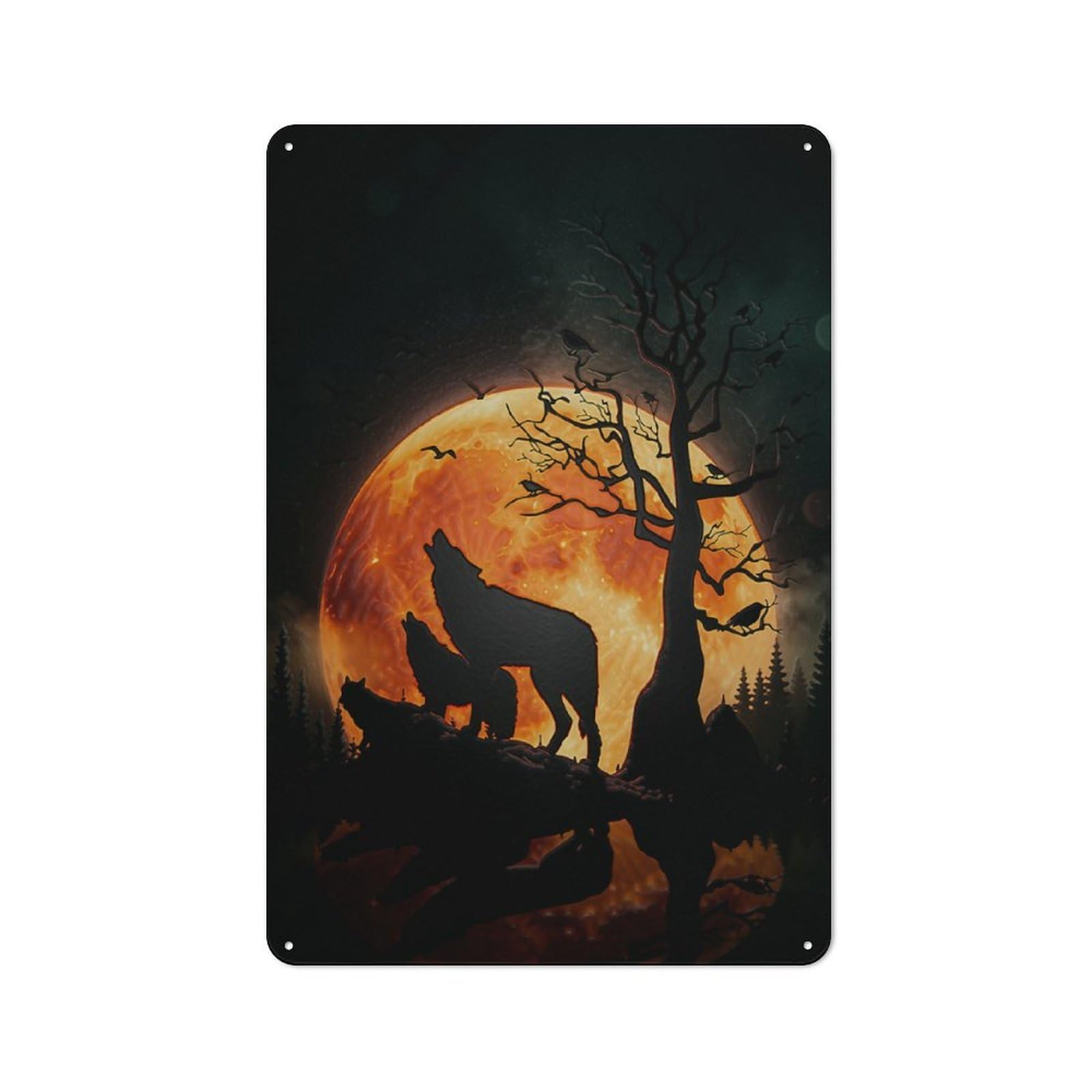 Wolves Howling at A Fiery Moon Tin Sign 30x20cm for Home Bar Wall, Rustic Wall Decor, for Kitchen, Dining Room And Home Bar Wall Decor