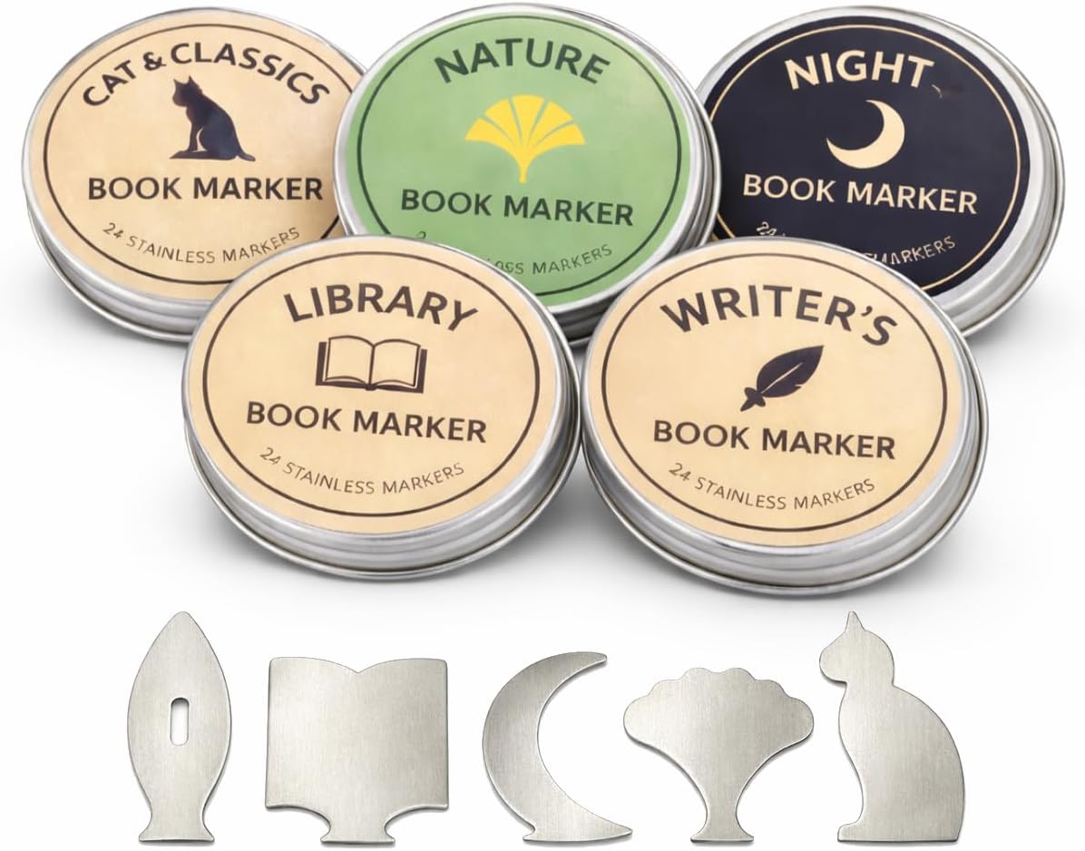 Metal Page Markers Set, 120 Stainless Steel Bookmark Clips in 5 Literary Shapes, Reusable Reading Gifts for Book Lovers, Teachers & Readers