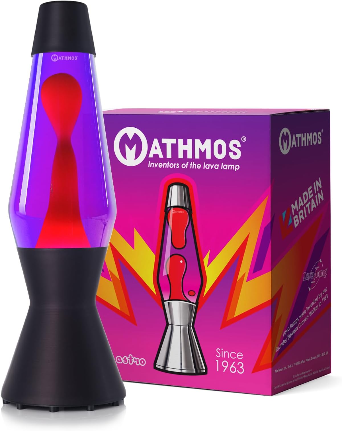 MATHMOS Astro Lava Lamp in Matt Black | UK Inventors of The 1963 Design Classic | Violet & Red Lava Lamps Handmade in Britain to The Highest Safety Standards