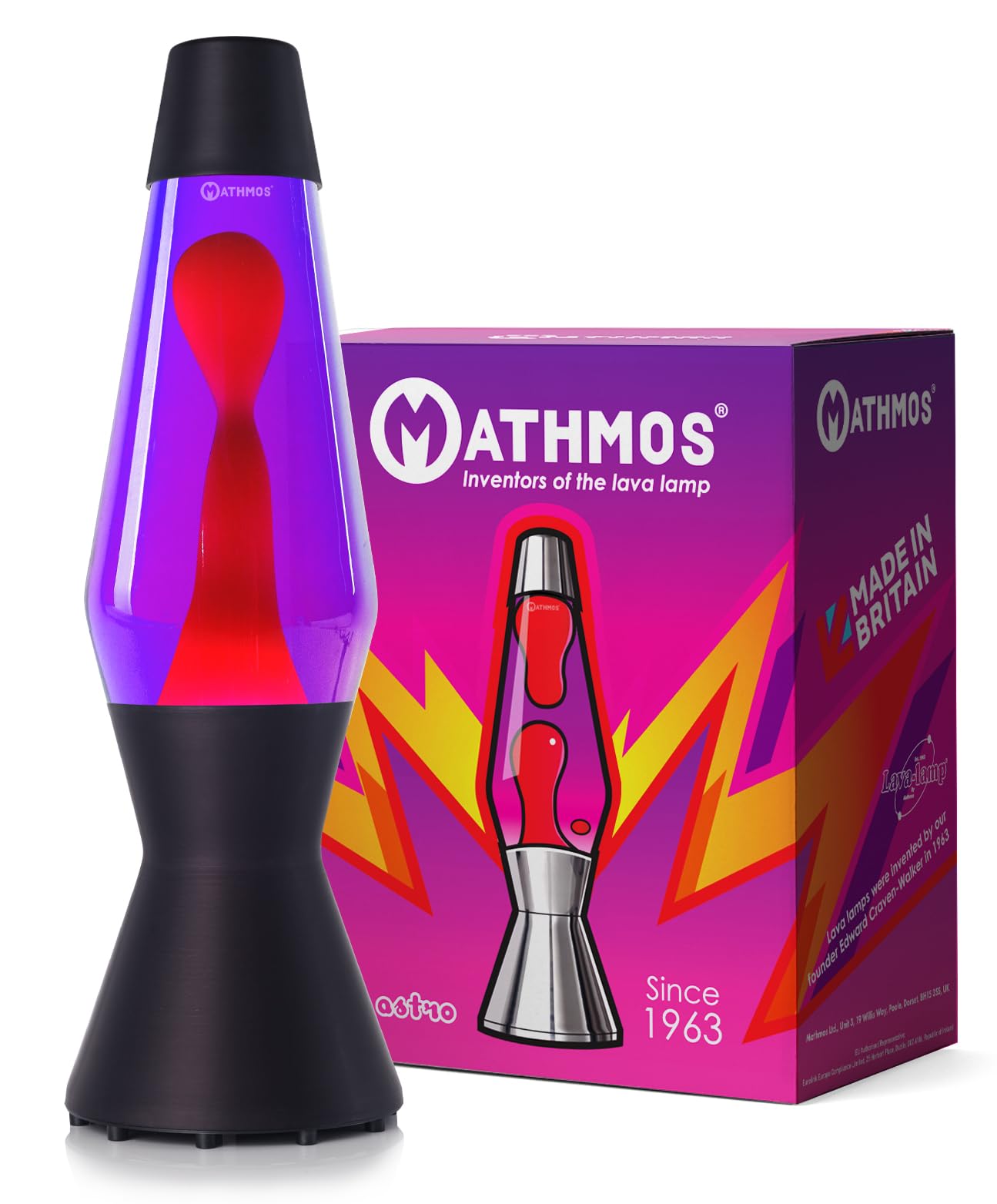 Astro Lava Lamp in Matt Black | UK Inventors of The 1963 Design Classic | Violet & Red Lava Lamps Handmade in Britain to The Highest Safety Standards
