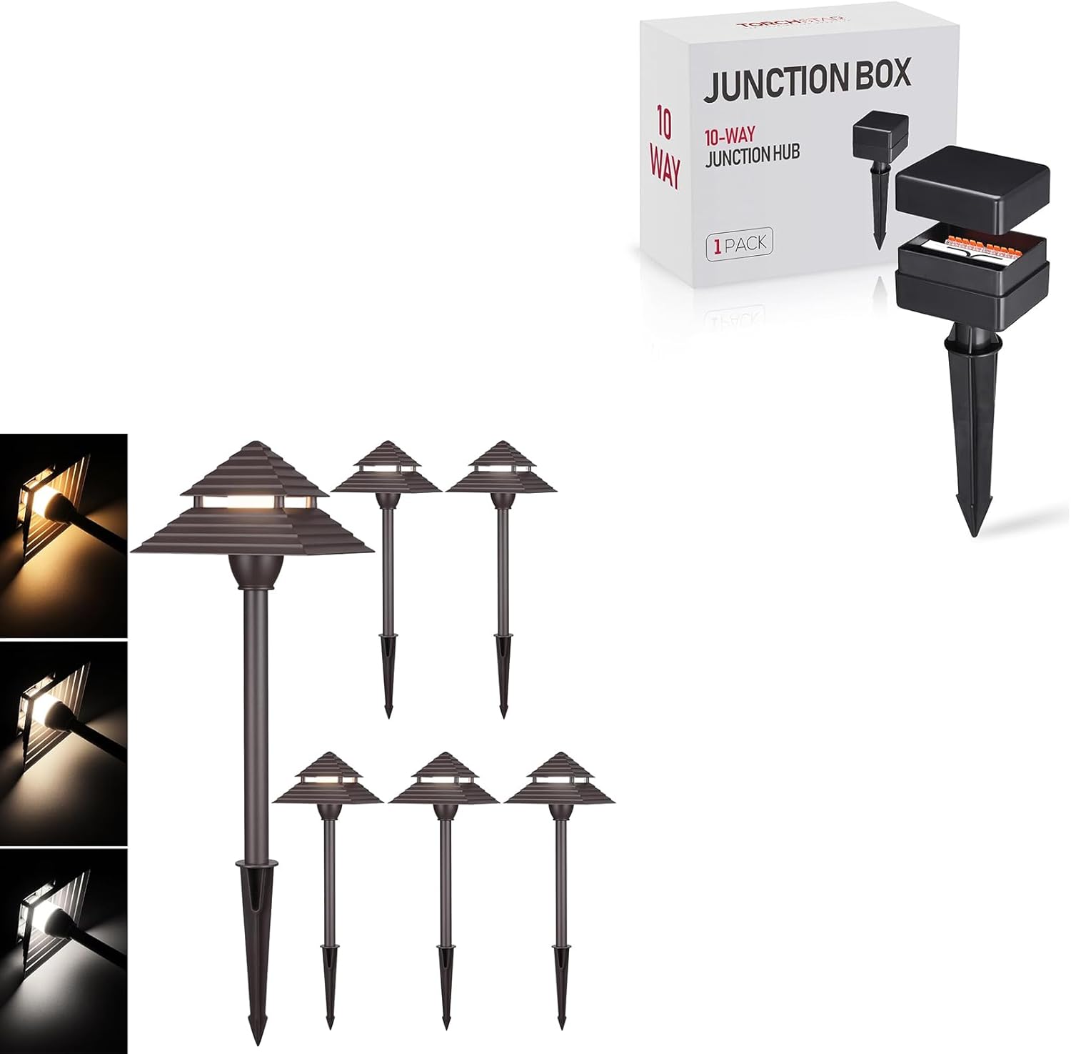 LEONLITE 3CCT Low Voltage Pathway Lights Bundle 10-Way Junction Hub, 6 Pack 2-Tier Pagoda Head LED Landscape Path Lights & 1 Pack Fit 9-21 Gauge Wire Landscape Wire Connectors