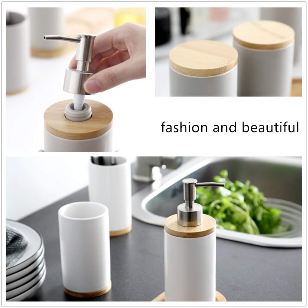 4-Piece Gray Ceramic Bathroom Accessories Set Includes Lotion Soap Dispenser Pump, Toothbrush Holder, Tumblers and Bamboo Tray, Modern Bathroom Accessories Set Complete