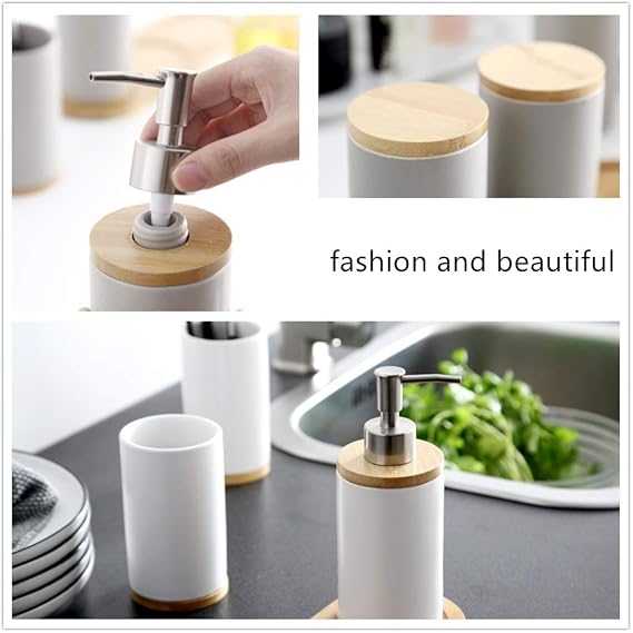 4-Piece Ceramic Bathroom Set Includes Soap Dispenser Pump, Toothbrush Holder, Tumblers, Wooden Tray