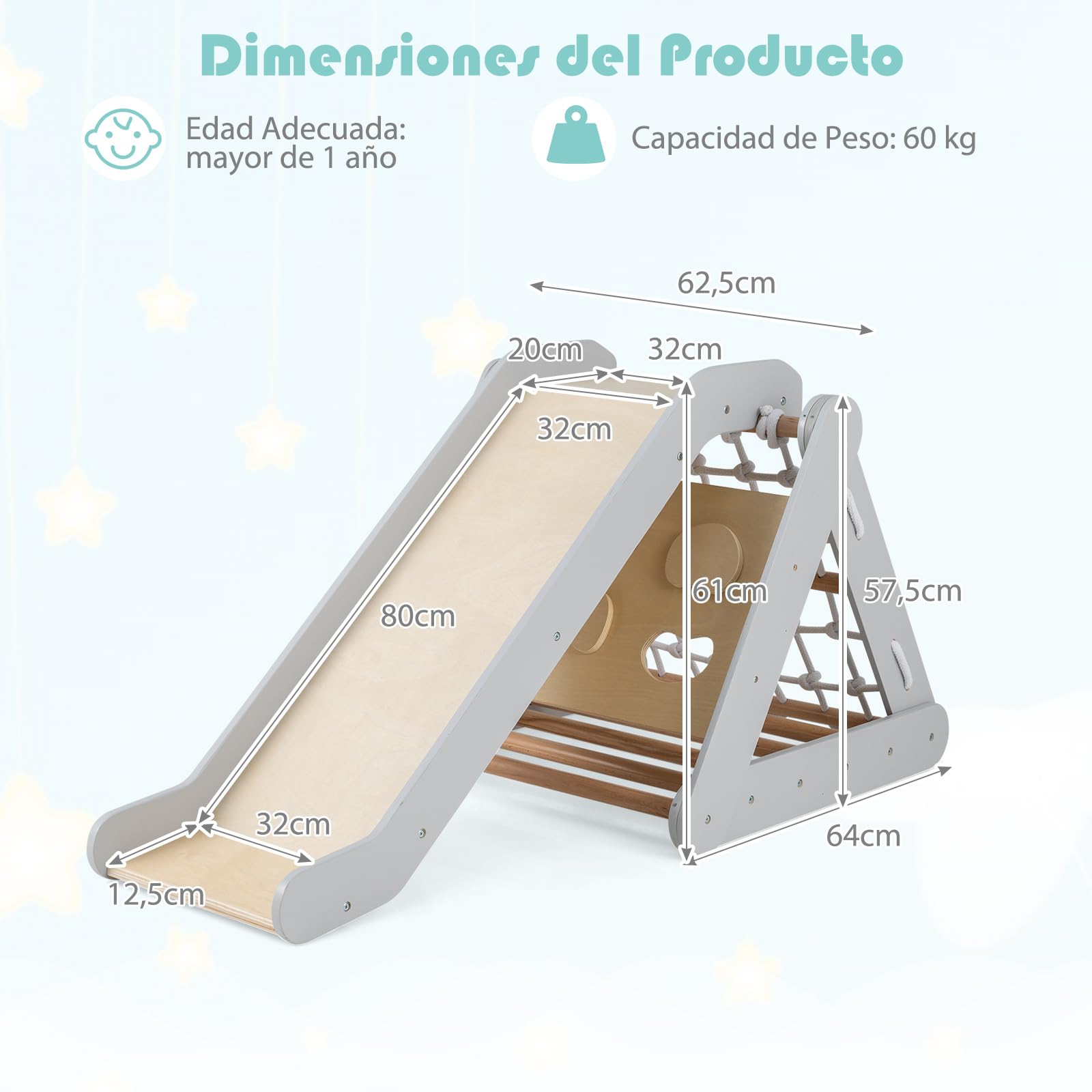 GOPLUS Triángulo de Escalada Montessori para Niños con Red de Escalada, Tabla y Escalera, Piedras con Tobogán, Capacidad de Carga 50KG, Zona de Juegos de Interior para bebés a Partir de 1 año (Gris)