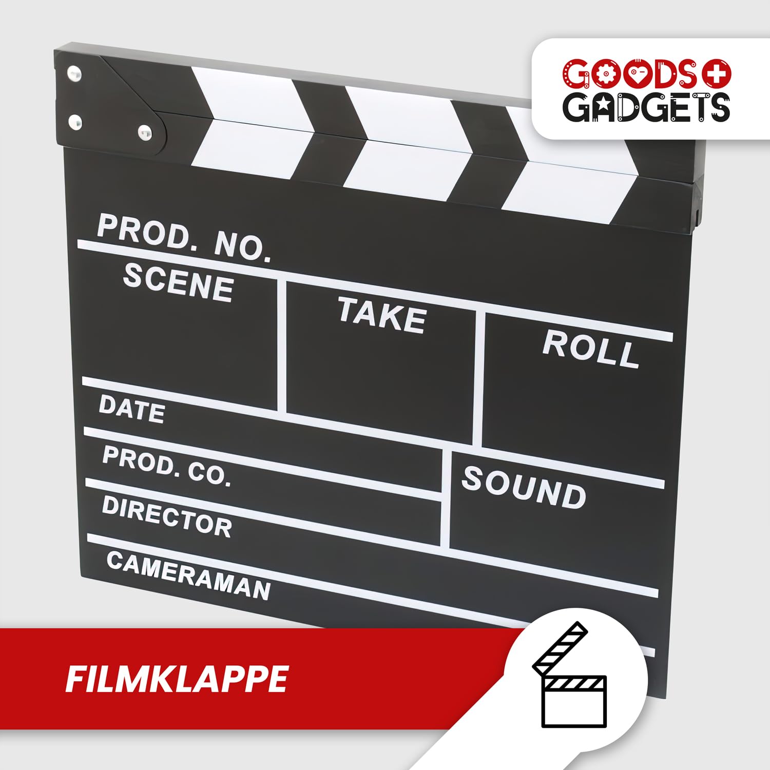 GOODS+GADGETS® Klaps Reżyserski XXL 30x27 cm - Tablica Kredowa Rekwizyt | Klaps filmowy na podstawie oryginału – czarna powierzchnia do pisania kredą, zawias, wymiary 30 x 27 cm
