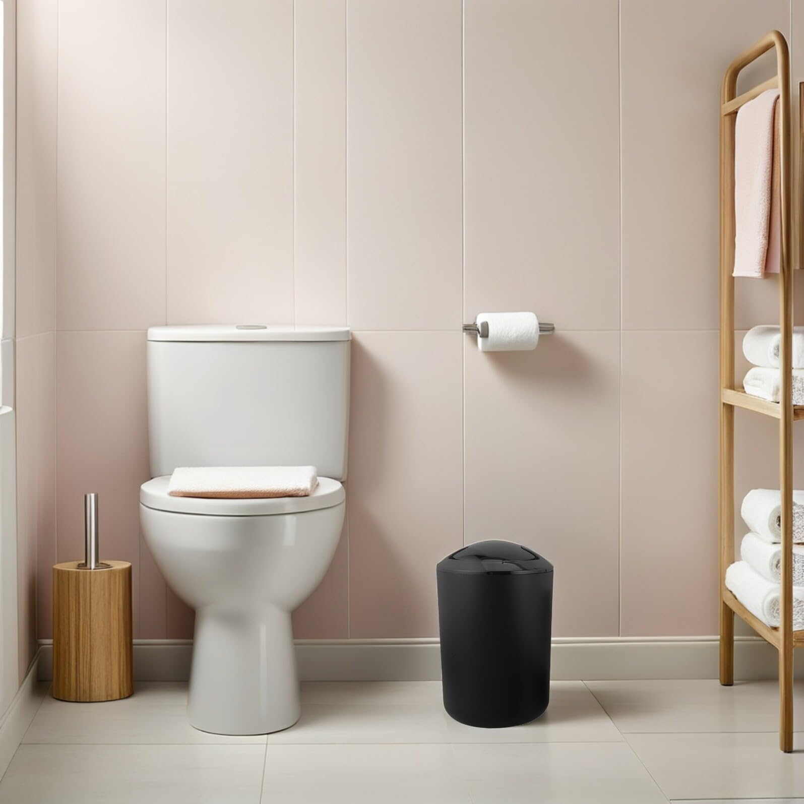 Set Accessori Bagno Elegante in Plastica Nera Resistente All'umidità e Facile da Pulire per Vanity e Bagno con Portasapone, Porta Spazzolino, Bicchiere, Scopino Wc e Cestino