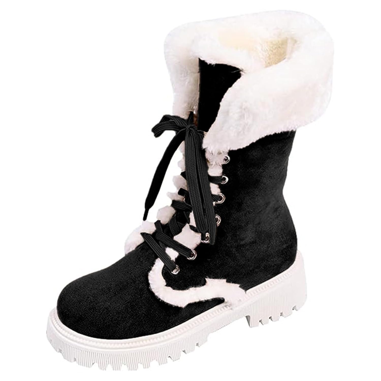 ZSpzx Women Snow Mid Calf Boots Platforms Suede Warm Fluffy Plush Collar Fur Lining Chunky Block Heels Lug