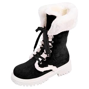 ZSpzx Women Snow Mid Calf Boots Platforms Suede Warm Fluffy Plush Collar Fur Lining Chunky Block Heels Lug