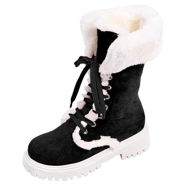 ZSpzx Women Snow Mid Calf Boots Platforms Suede Warm Fluffy Plush Collar Fur Lining Chunky Block Heels Lug