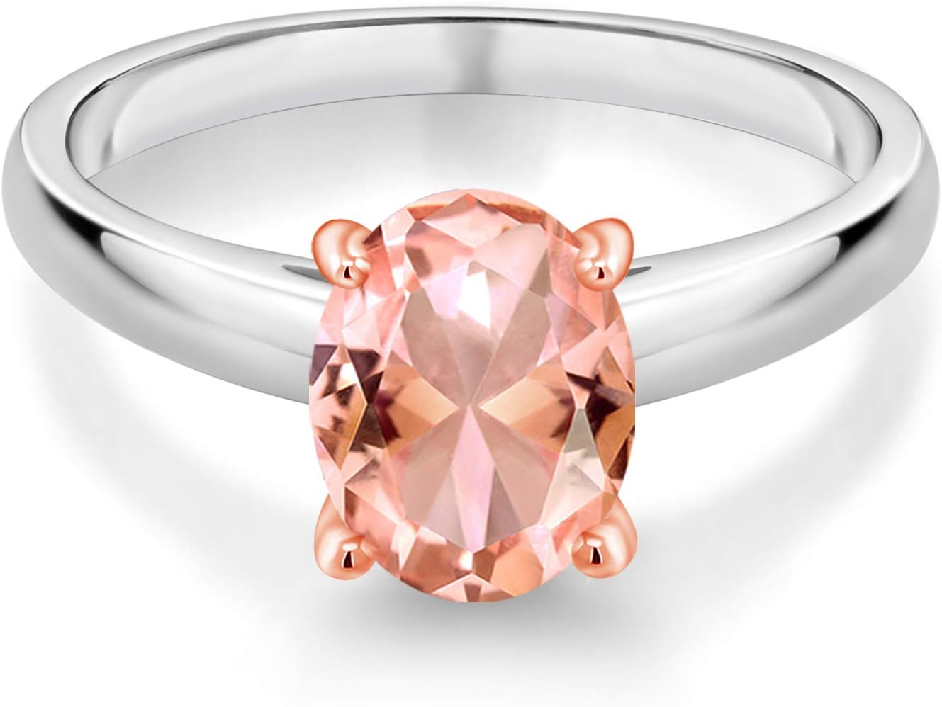 Gem Stone King 2.00 Cttw Peach Simulated Morganite Solitaire Ring For Women | 925 Silver and 10K Rose Gold | Oval 9X7MM | Gemstone Birthstone | Size 5,6,7,8,9